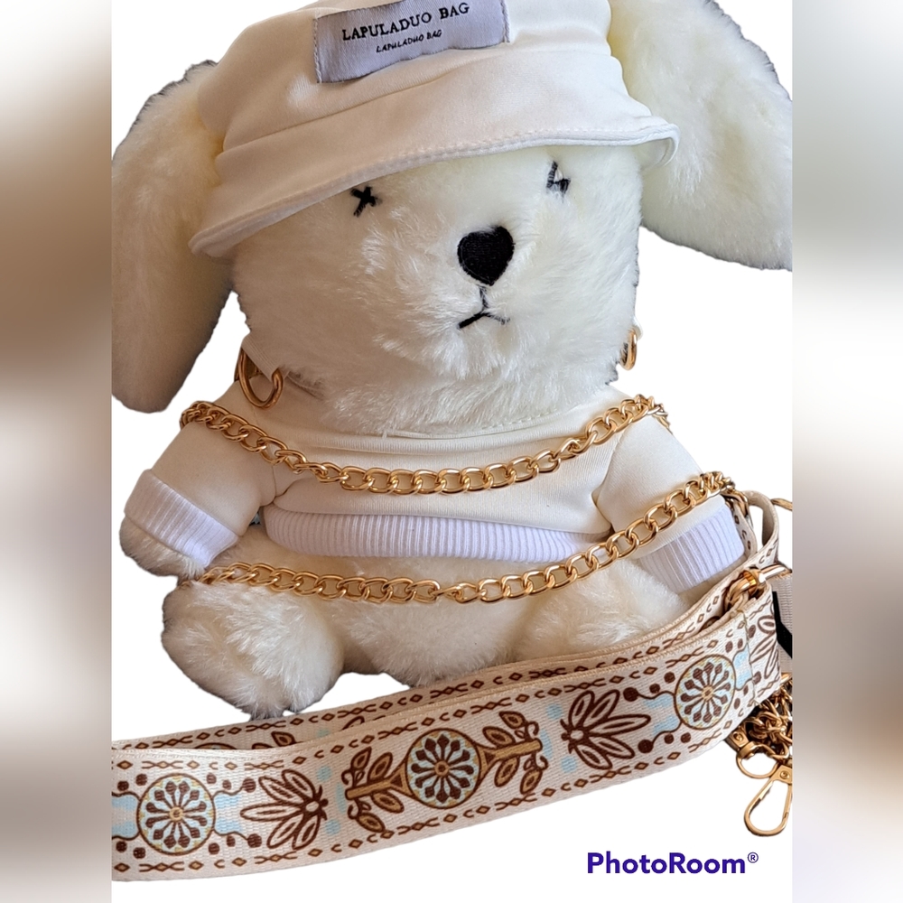 Bunny Plush Crossbody Bag with a chain strap and fabric strap